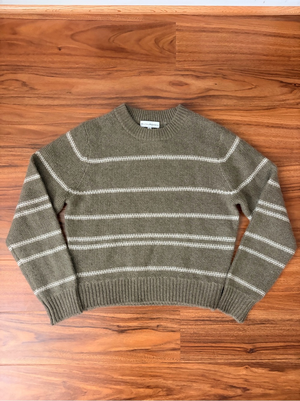 White + Warren Olive Green and Cream Striped Crewneck Sweater
